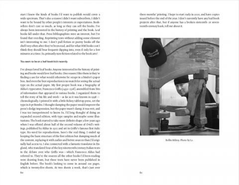 Spread featuring portrait of Rollin Milroy and text of the interview