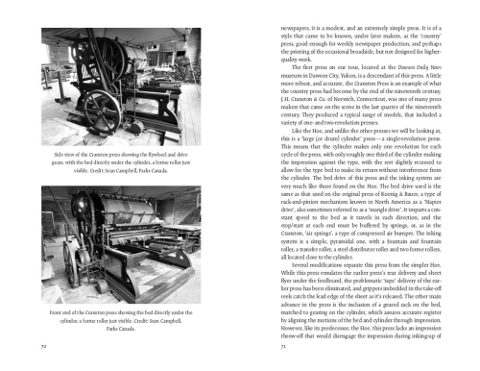 Spread featuring cylinder presses as well as text from Stephen Sword's Essay