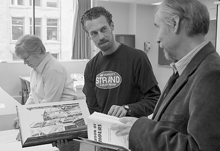 Susan Colberg (l), Jason Dewinetz and Tim Inkster (r) judging the 26th Annual Alcuin Society Awards for Excellence in Book Design in Canada. Vancouver. April, 2008. Photo by Jason Vanderhill.